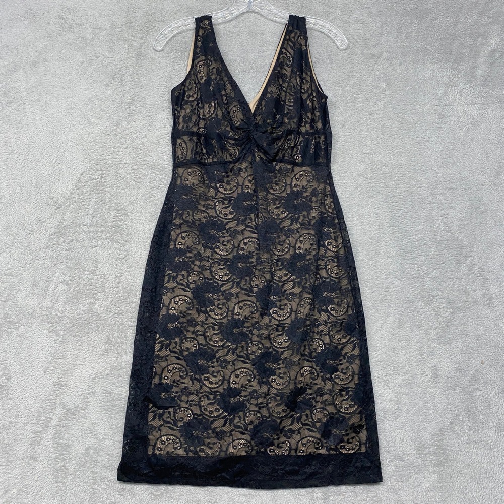 Vintage Laundry Shelli Segal Dress Size 8 Black Lace V Neck Lined Knee Length